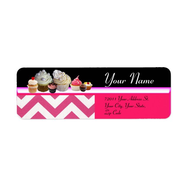 DELICIOUS CUPCAKES DESERT SHOP, Pink White Chevron Label (Front)
