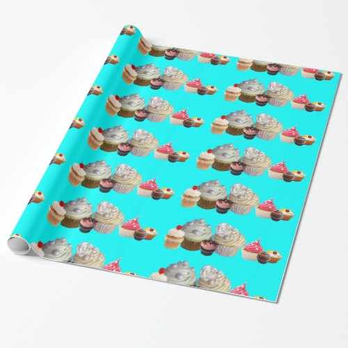 DELICIOUS CUPCAKES DESERT SHOPTeal Blue White Wrapping Paper
