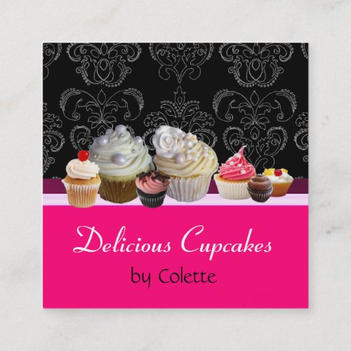 DELICIOUS CUPCAKESDESERTSHot Pink Black Damask Square Business Card