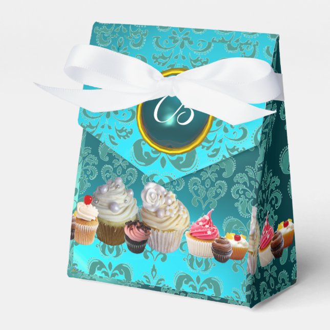 DELICIOUS CUPCAKES TEAL DAMASK BLUE GEM MONOGRAM FAVOR BOXES (Front Side)