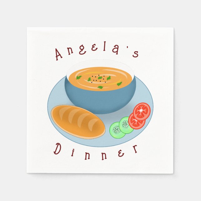 Delicious Dinner Soup with Bread and vegetables Napkins (Front)