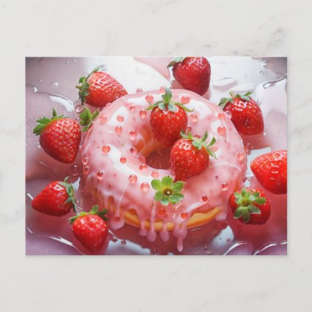 Delicious Donut With Sugar Glaze, Strawberry Postcard