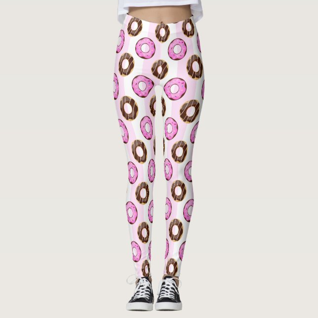 Delicious Donuts Pink Stripes Pattern Leggings (Front)