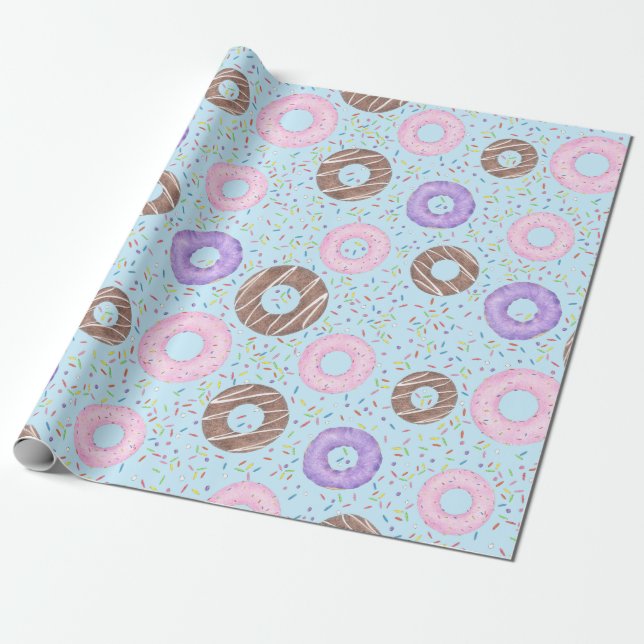 Delicious Donuts Wrapping Paper on Blue (Unrolled)