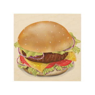 Delicious hamburger or cheeseburger. wood wall decor