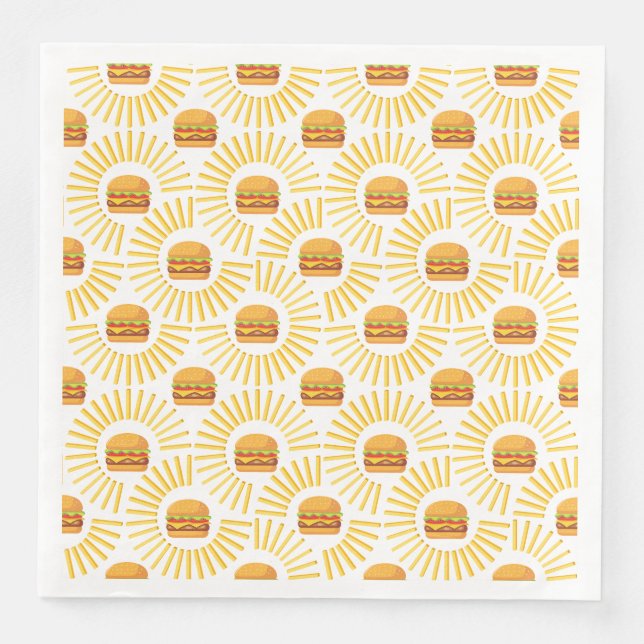 Delicious hamburger with fries paper dinner napkins (Front)