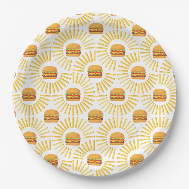 Delicious hamburger with fries paper plates (Front)