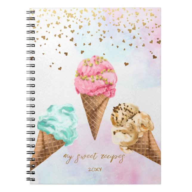Delicious Ice Cream Gold Glitter Girl Recipe Notebook (Front)
