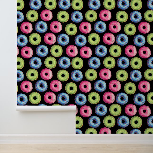 Delicious Pink Blue Green Donut Food Pattern Wallpaper (Application)