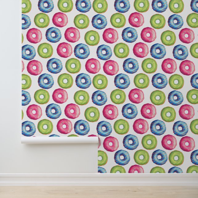 Delicious Pink Blue Green Donut Food Pattern Wallpaper (Application)
