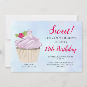 Delicious Pink Cupcake Berry on Top Birthday Invitation