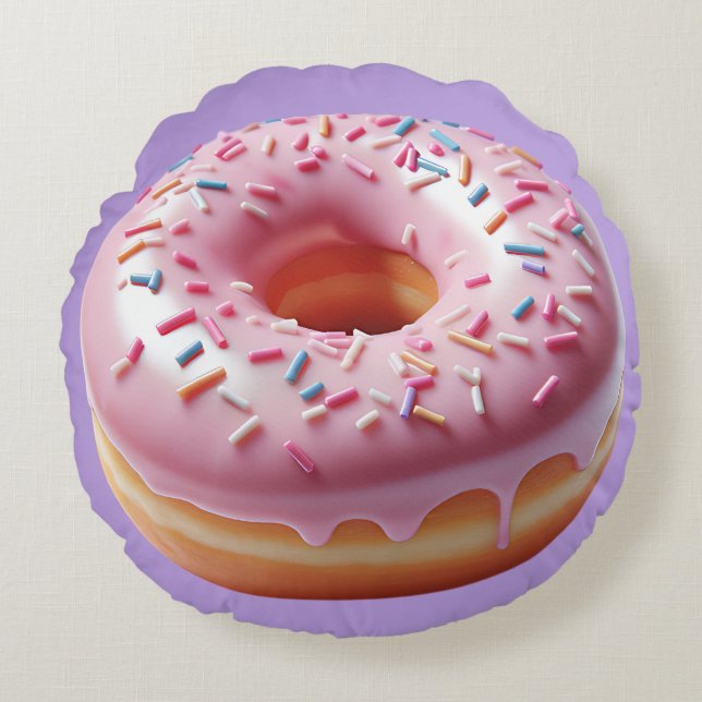 Delicious Pink Donut with Sprinkles Stickers Round Pillow (Front)