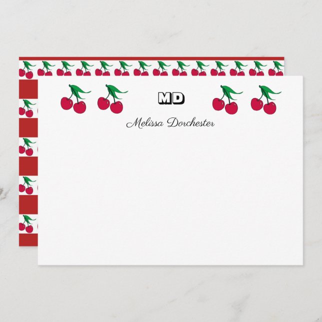 Delicious Red Cherry Monogrammed Note Card (Front/Back)