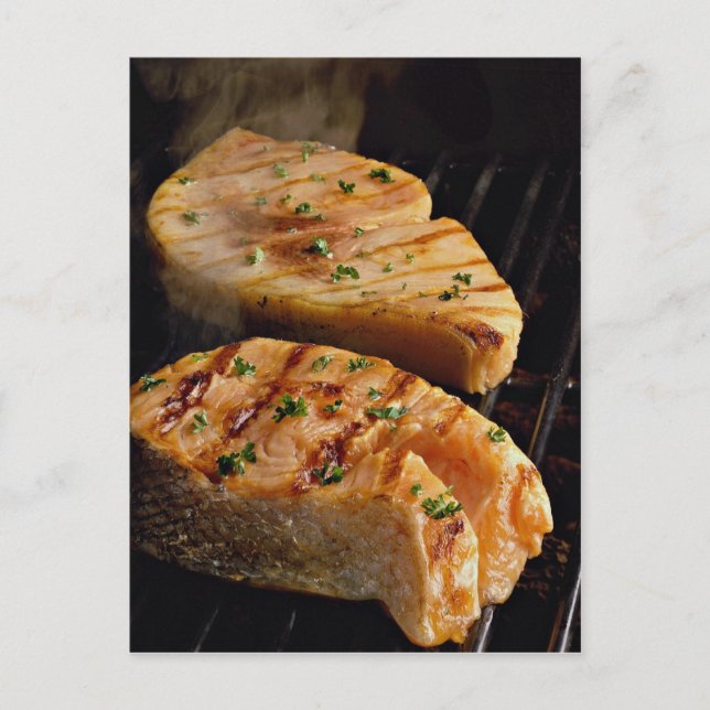 Delicious Salmon steaks on grill Postcard (Front)