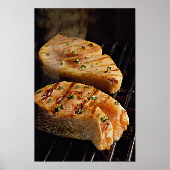 Delicious Salmon steaks on grill Poster (Front)