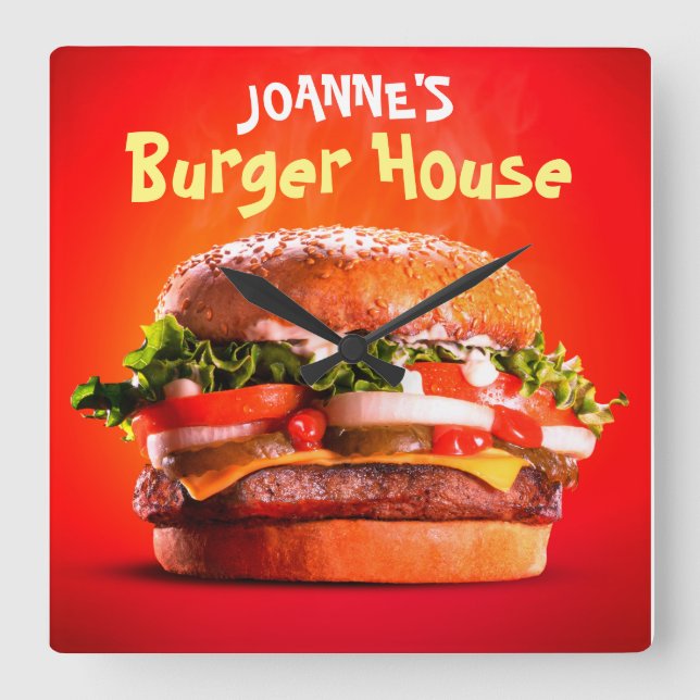 Delicious Steak Cheese Burger House Square Wall Clock (Front)