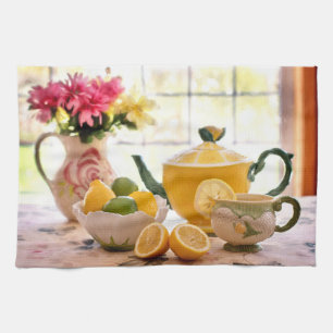 Delicious Tea Party Pink Flowers And Lemon Drink Kitchen Towel