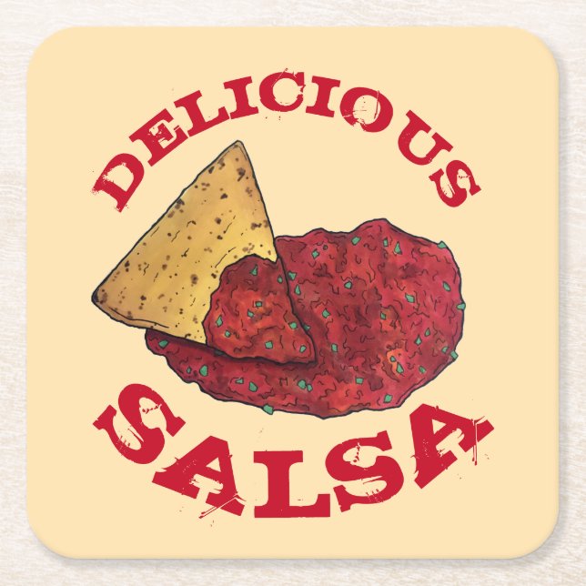 Delicious Tomato Salsa Tortilla Chips Illustration Square Paper Coaster (Front)
