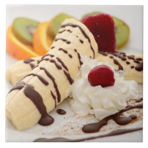 Delicious Whipped Cream and Banana Dessert Ceramic Tile