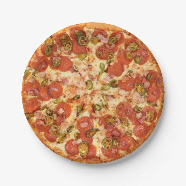 delicious whole pizza pepperoni jalapeno photo paper plates (Front)