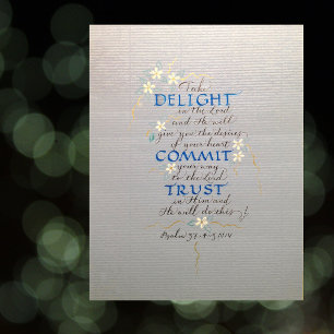 DELIGHT, COMMIT, TRUST, PSALM 37 CALLIGRAPHY BLUES POSTER