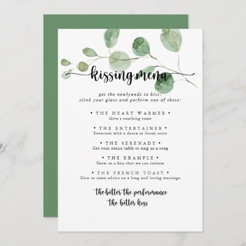 Delight Eucalyptus Wedding Kissing Menu Game Card