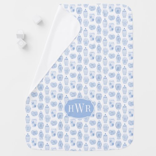 Delightful Blue And White Chinoiserie Little Boy Baby Blanket - This crib blanket design features a handpainted watercolor ginger pattern background with a monogram.