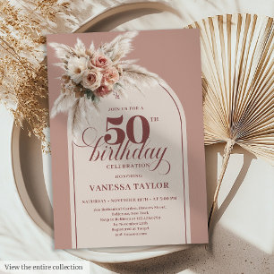 Delightful Boho Dusty Rose Pampas Floral 50th Invitation