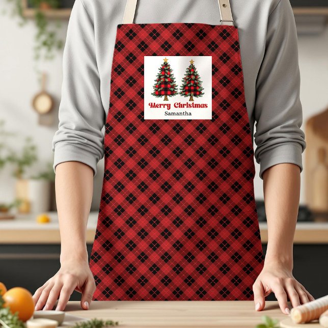 Delightful Buffalo Plaid Trees Personalized Xmas Apron (Delightful Buffalo Plaid Tree Personalized Xmas Apron Gift)