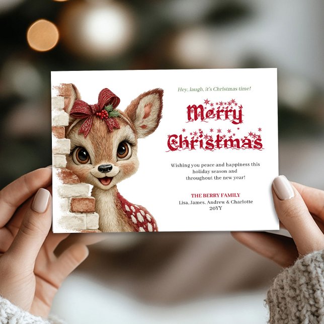 Delightful Christmas baby fawn peeking greeting  Holiday Card (Delightful Christmas baby fawn peeking greeting card)