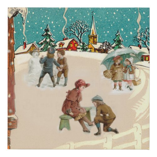 DELIGHTFUL CHRISTMAS SCENE CHILDREN SNOW FAUX CANVAS PRINT