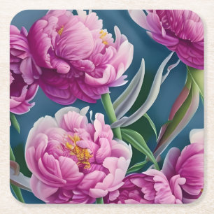 Delightful Country Garden Peonies Square Paper Coaster