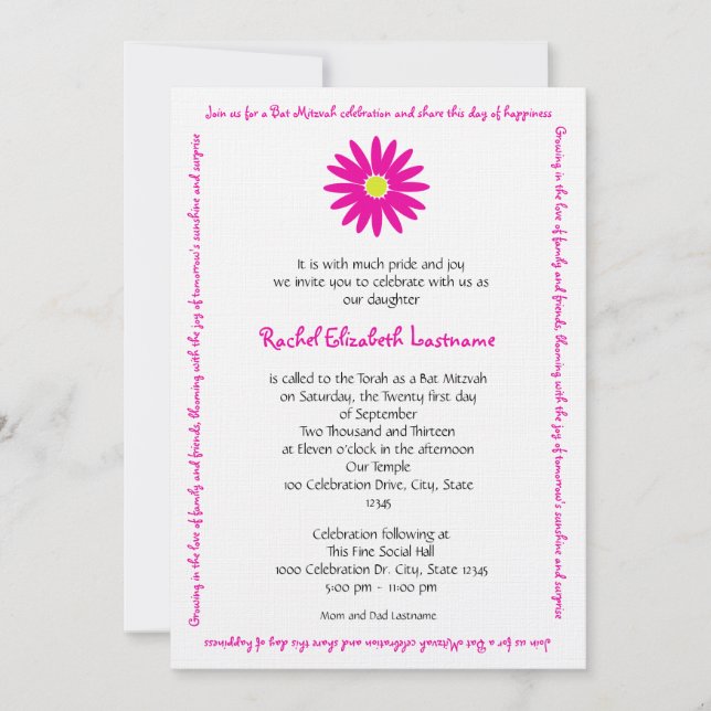 Delightful Daisy Message Text Bat Mitzvah Pink Invitation (Front)