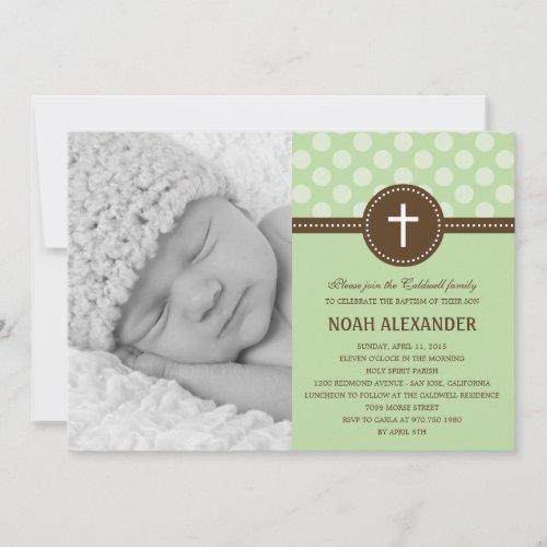 Delightful Dots Photo Christening Invitation Green