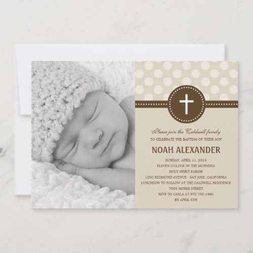 Delightful Dots Photo Christening Invitation Khaki