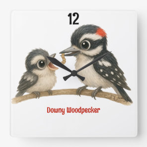 Delightful Downy Woodpecker Square Wall Clock
