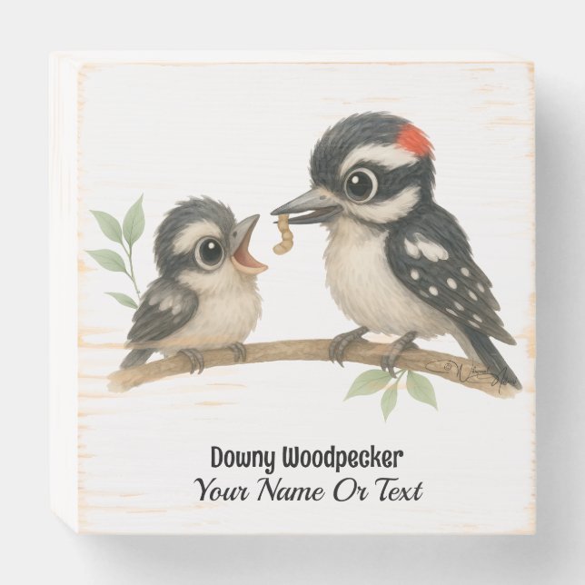 Delightful Downy Woodpecker Wooden Box Sign (Front Horizontal)
