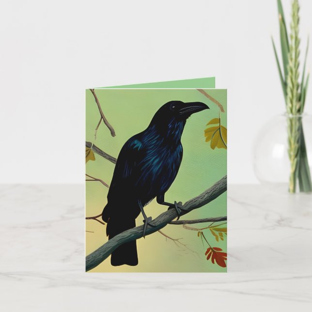 Delightful Fun Raven Perched On Branch Card (Front)