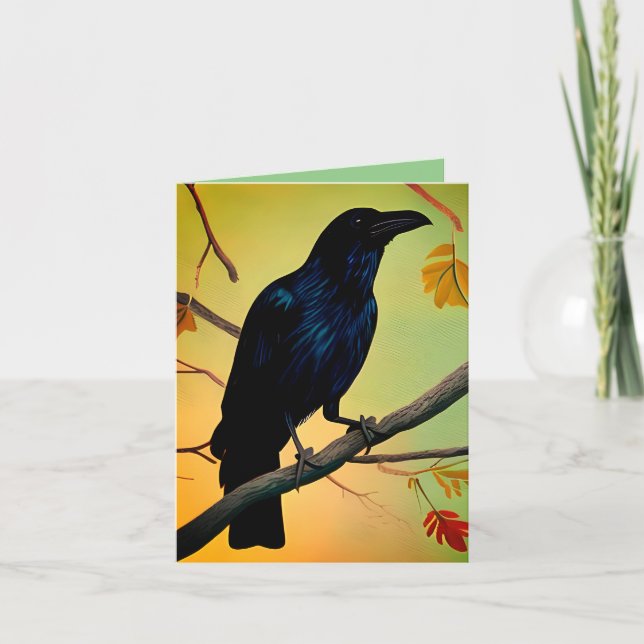Delightful Fun Raven Perched On Branch Card (Front)