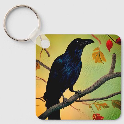 Delightful Fun Raven Perched On Branch Keychain