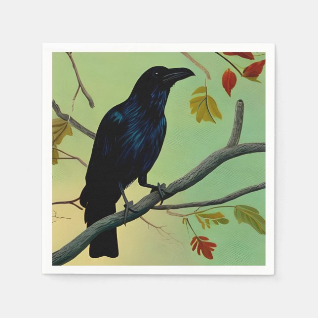 Delightful Fun Raven Perched On Branch Napkins (Front)