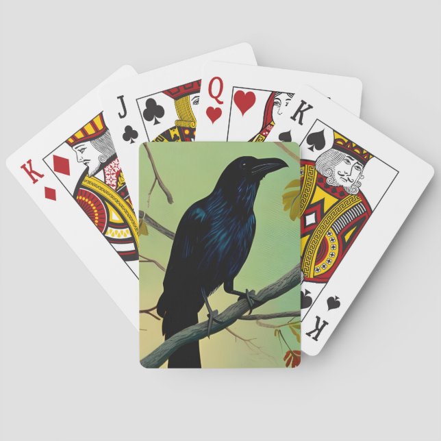 Delightful Fun Raven Perched On Branch Poker Cards (Back)