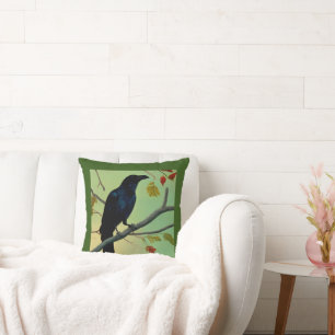 Delightful Fun Raven Perched On Branch Throw Pillow