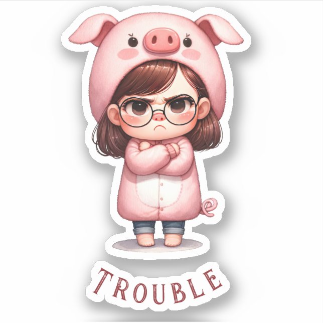 Delightful "Girl in Pig Costume/Trouble" Vinyl  Sticker (Front)