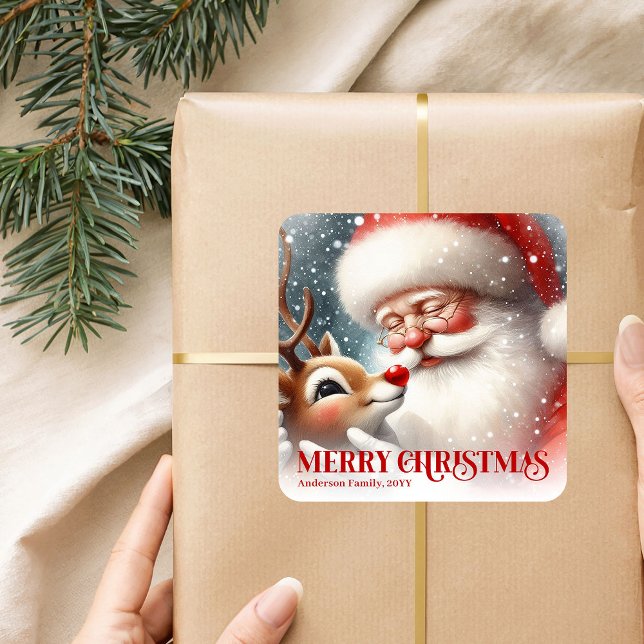 Delightful Personalized Santa and Rudolph Holiday  Square Sticker (Delightful Personalized Santa and Rudolph Holiday Sticker)