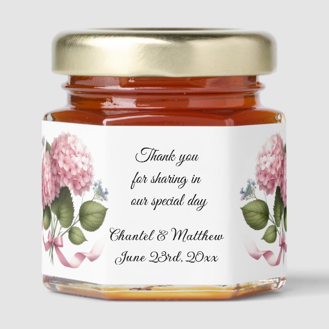 Delightful Pink Hydrangea Wedding  Honey Jar Favors (Front)