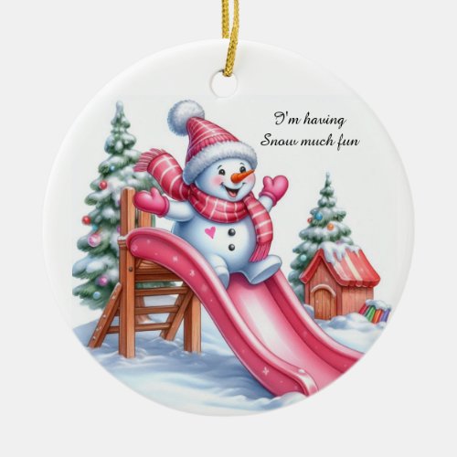 Delightful Pink Snowman Playground Fun Ceramic Ornament