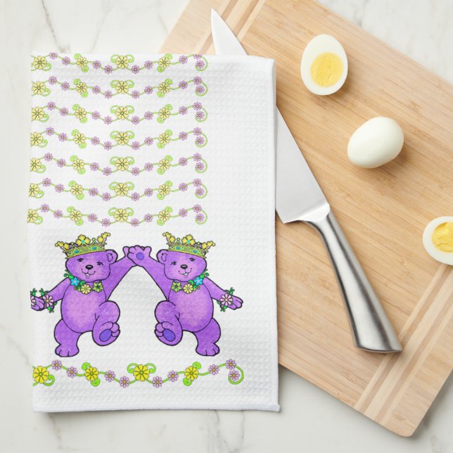 Delightful Purple Royal Teddy Bear Dance Line Kitchen Towel (Quarter Fold)