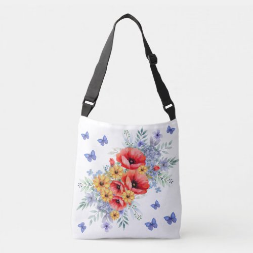 Delightful Red Poppies Sunflowers  Butterflies  Crossbody Bag