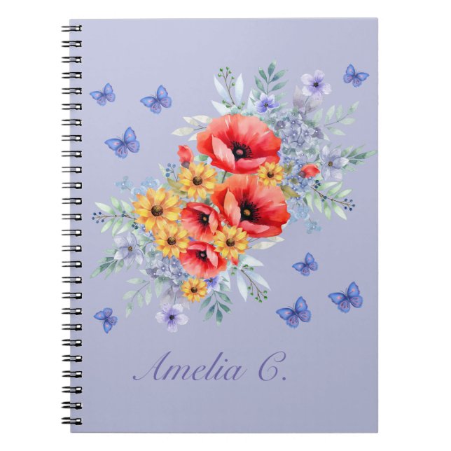 Delightful Red Poppies, Sunflowers & Butterflies   Notebook (Front)